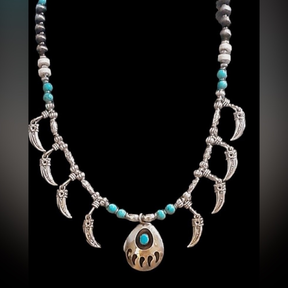 Southwestern Navajo Style Sterling Silver & Turquoise Bear Paw Pendant Necklace